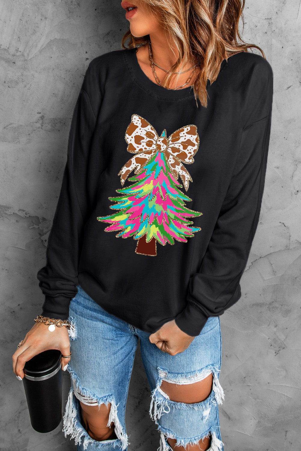 Black Shiny Bowknot Christmas Tree Graphic Heat Transfer Printing Round Neck Sweatshirt