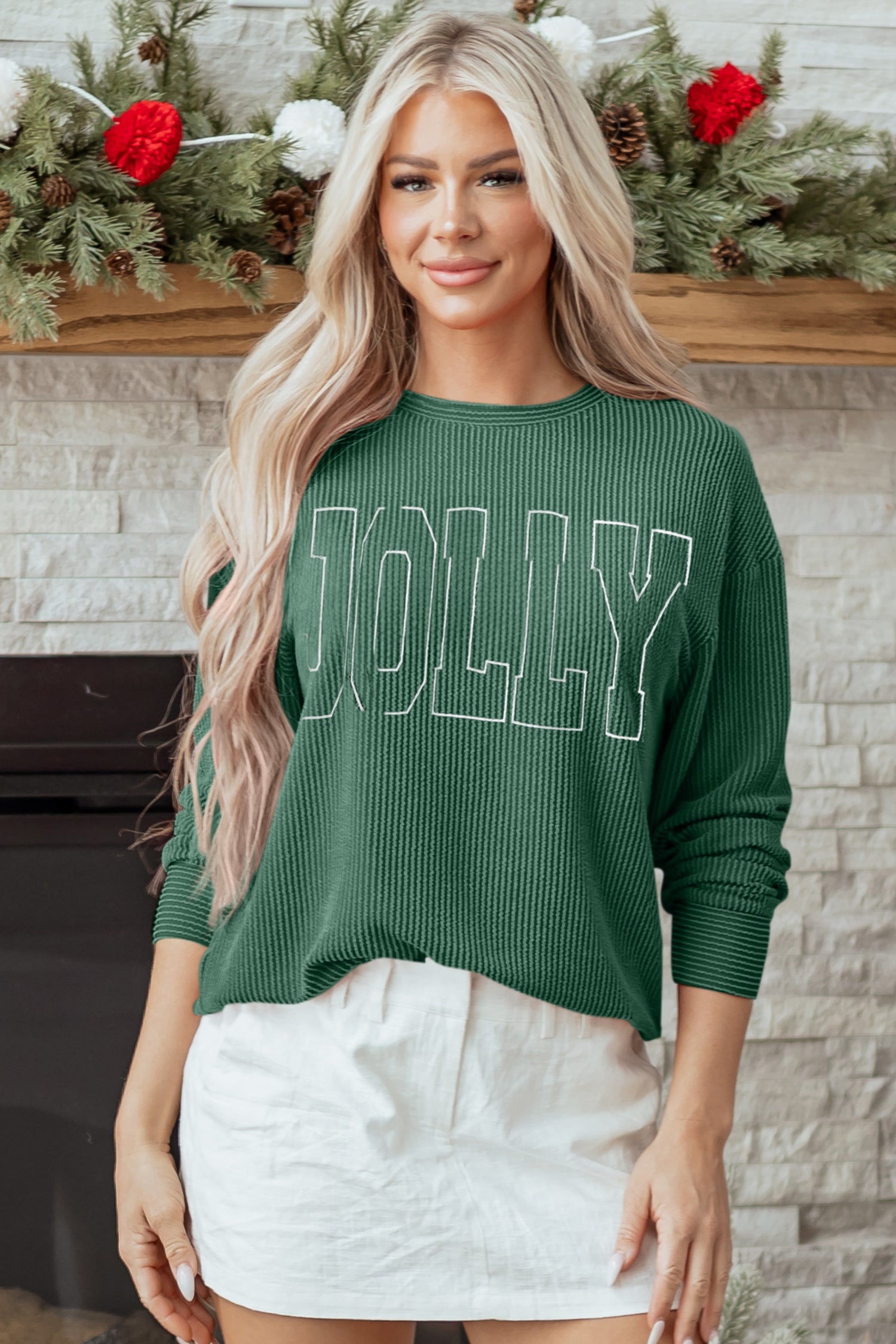 Blackish Green Twisted Rib Outlined Merry Letter Graphic Loose Long Sleeve Top