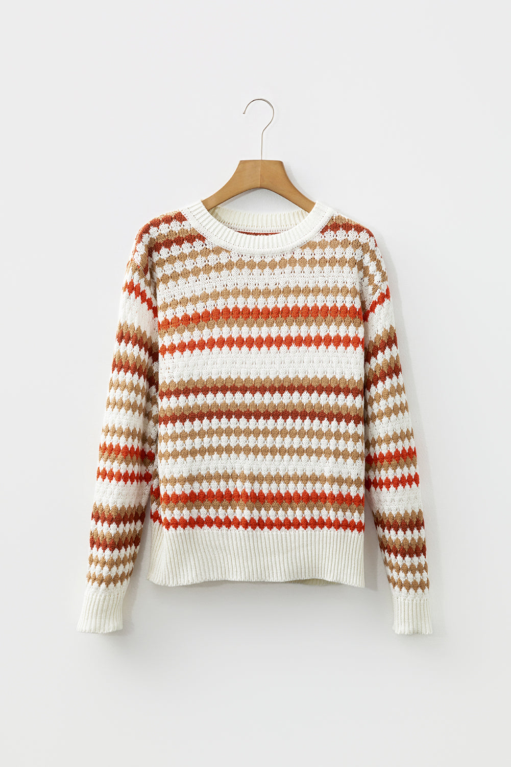 Brown Stripe Eyelet Patterned Drop Shoulder Sweater
