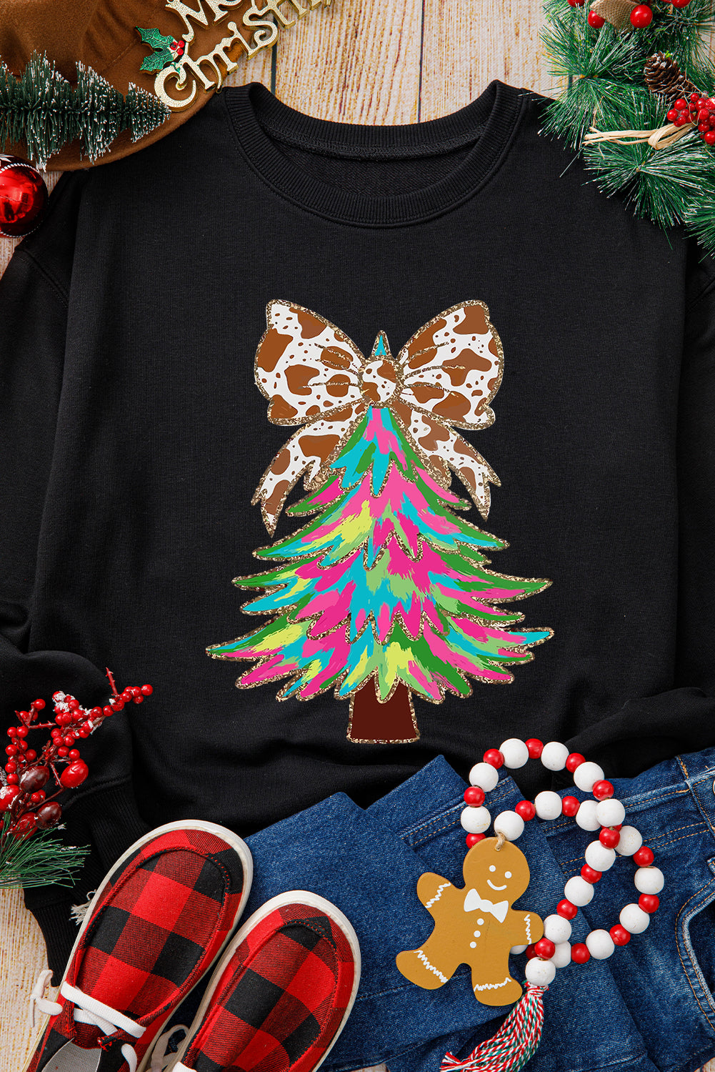 Black Shiny Bowknot Christmas Tree Graphic Heat Transfer Printing Round Neck Sweatshirt