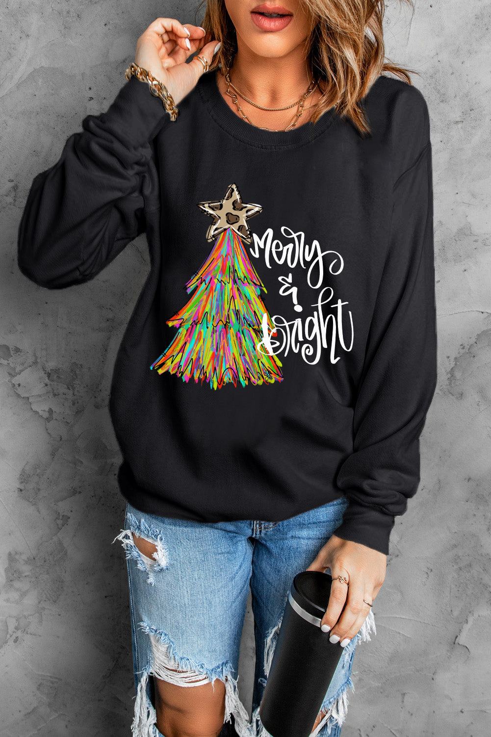 Black Merry Bright Christmas Tree Graphic Heat Transfer Printing Sweatshirt