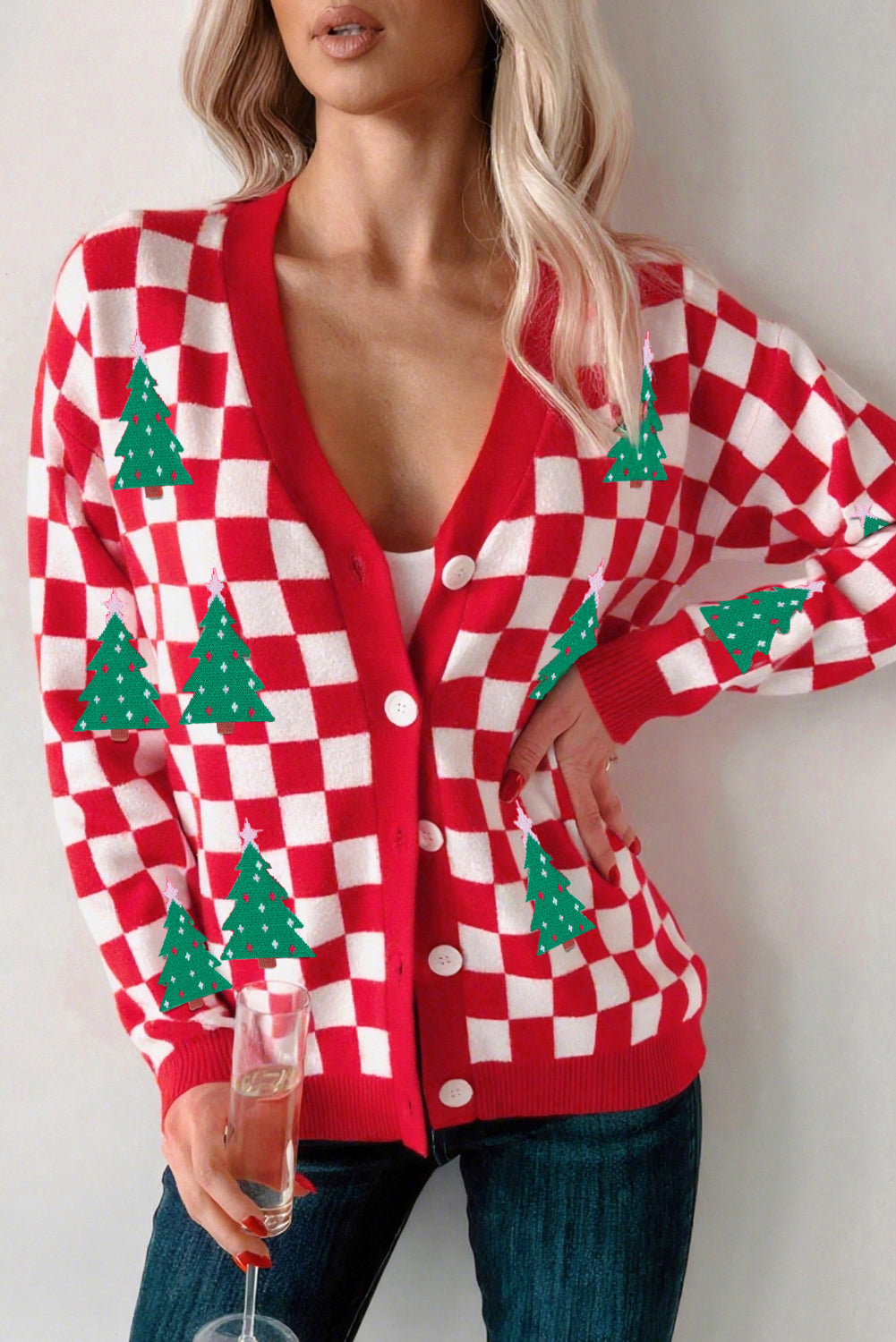 Red Checkered Christmas Tree Pattern Button V Neck Cardigan Sweater