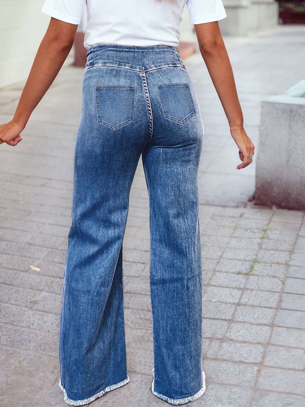 High Waist Button Fly Seamed Raw Hem Flare Jeans with Pocket