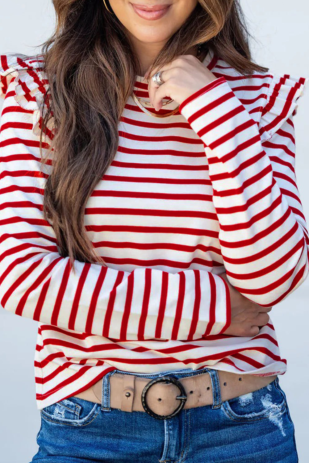 Red Striped Ruffle Shoulder Long Sleeve Top