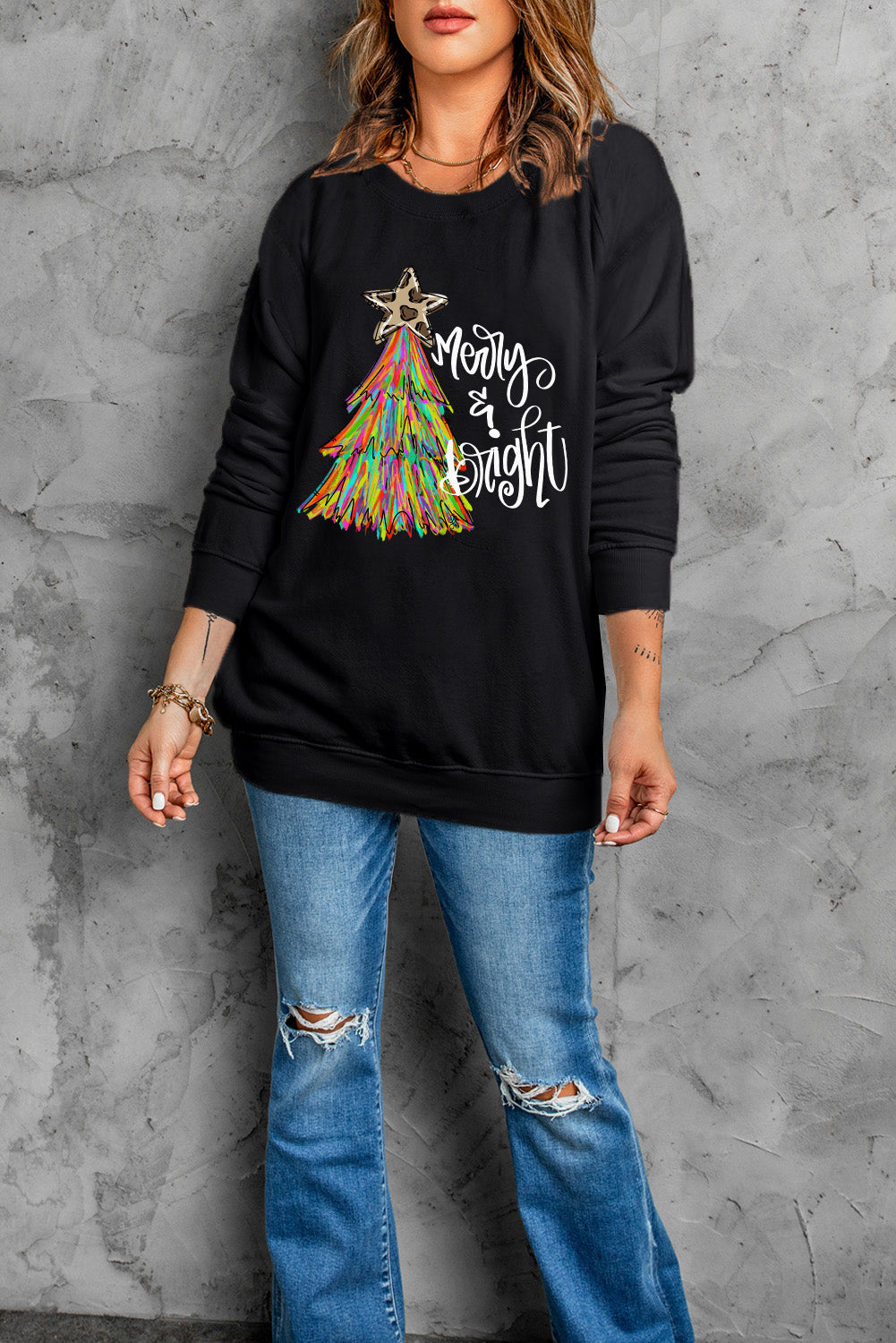Black Merry Bright Christmas Tree Graphic Heat Transfer Printing Sweatshirt