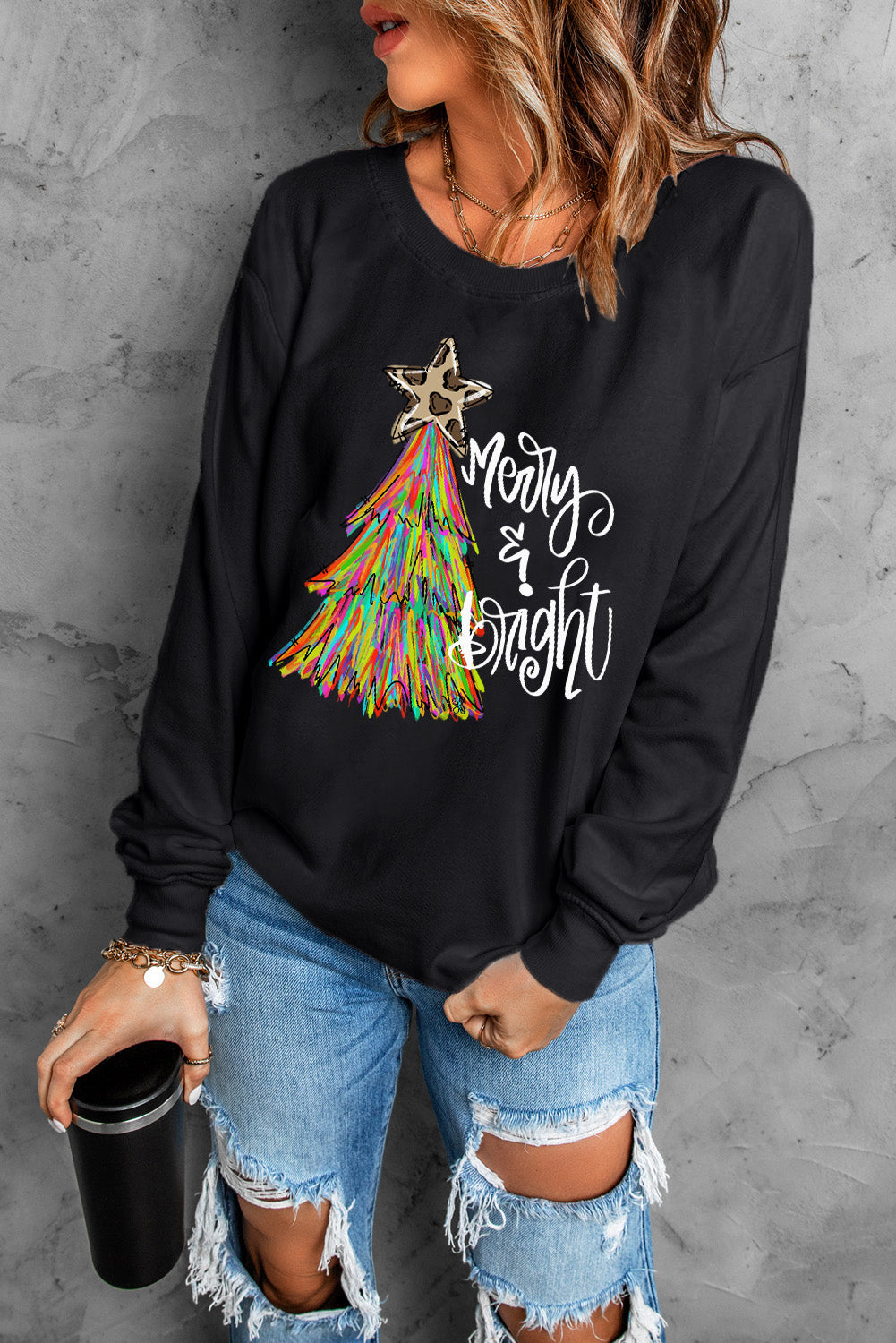 Black Merry Bright Christmas Tree Graphic Heat Transfer Printing Sweatshirt