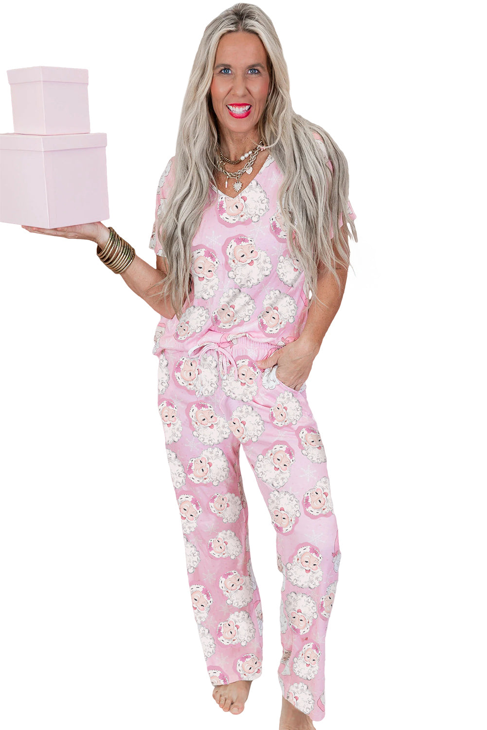 Pink Christmas Santa Claus V Neck Tee Drawstring Pants Pajama Set