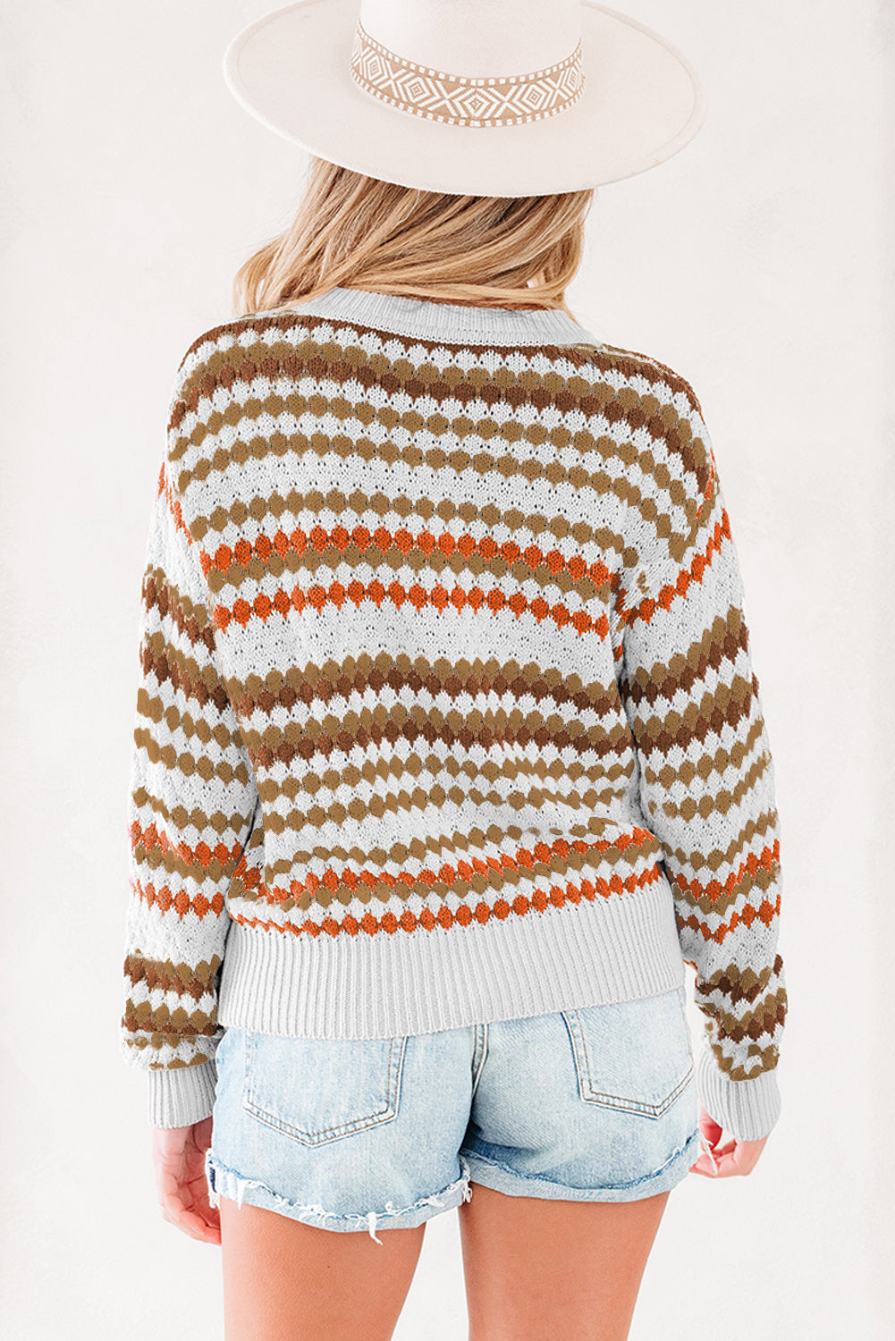 Brown Stripe Eyelet Patterned Drop Shoulder Sweater