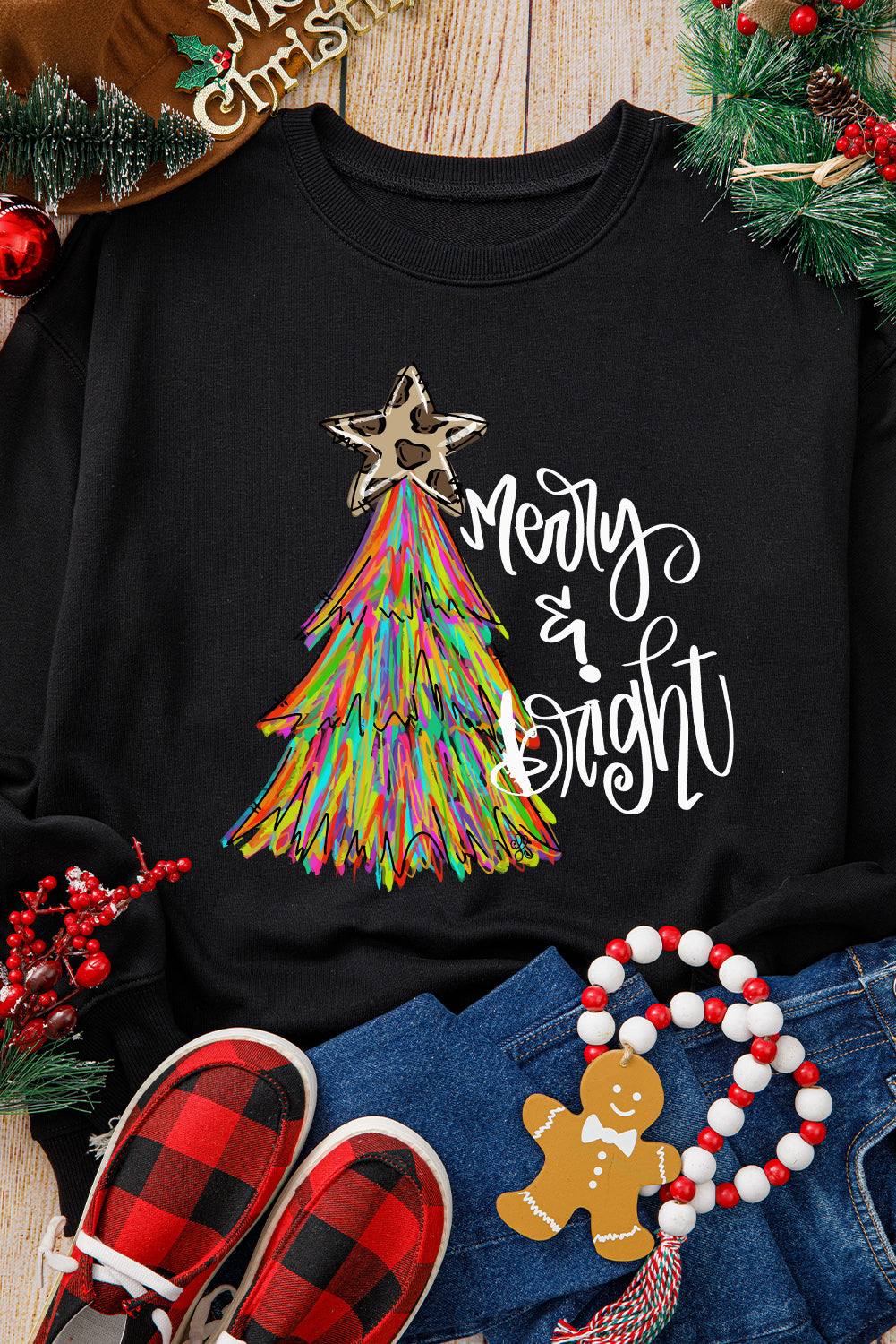 Black Merry Bright Christmas Tree Graphic Heat Transfer Printing Sweatshirt
