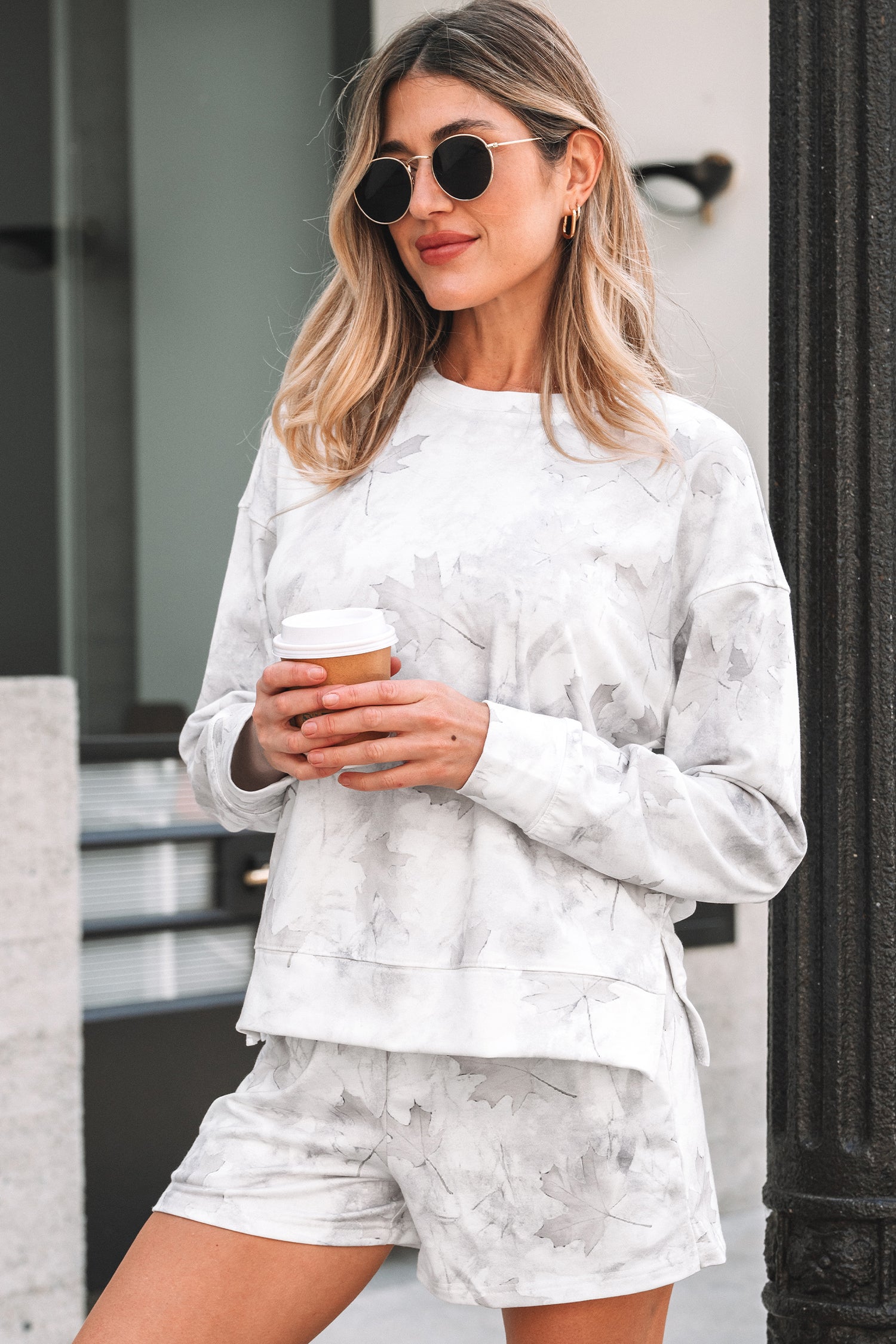 Beige Camo Print Pullover Top and Elastic Waist Casual Short Set