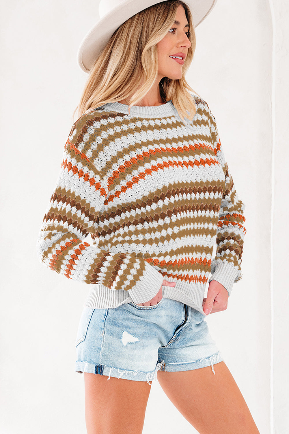 Brown Stripe Eyelet Patterned Drop Shoulder Sweater
