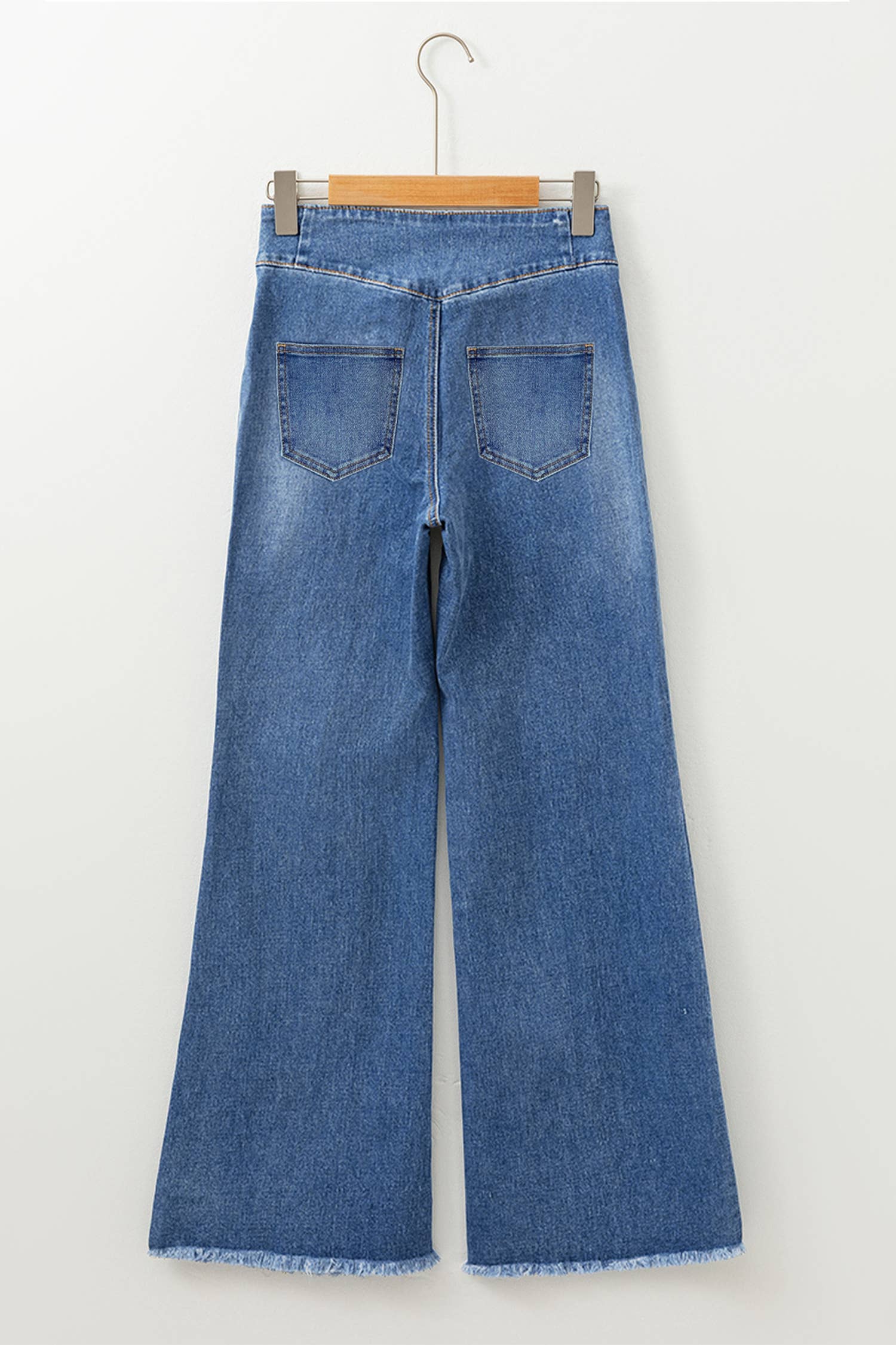 High Waist Button Fly Seamed Raw Hem Flare Jeans with Pocket