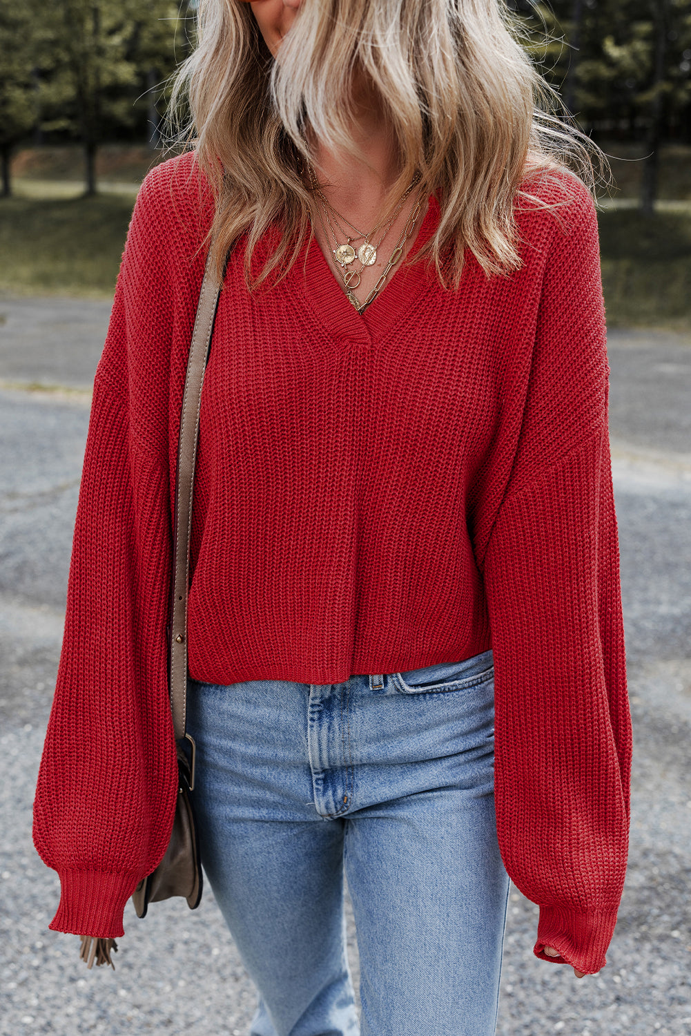 Racing Red Solid Textured Knit V Neck Drop Shoulder Sweater